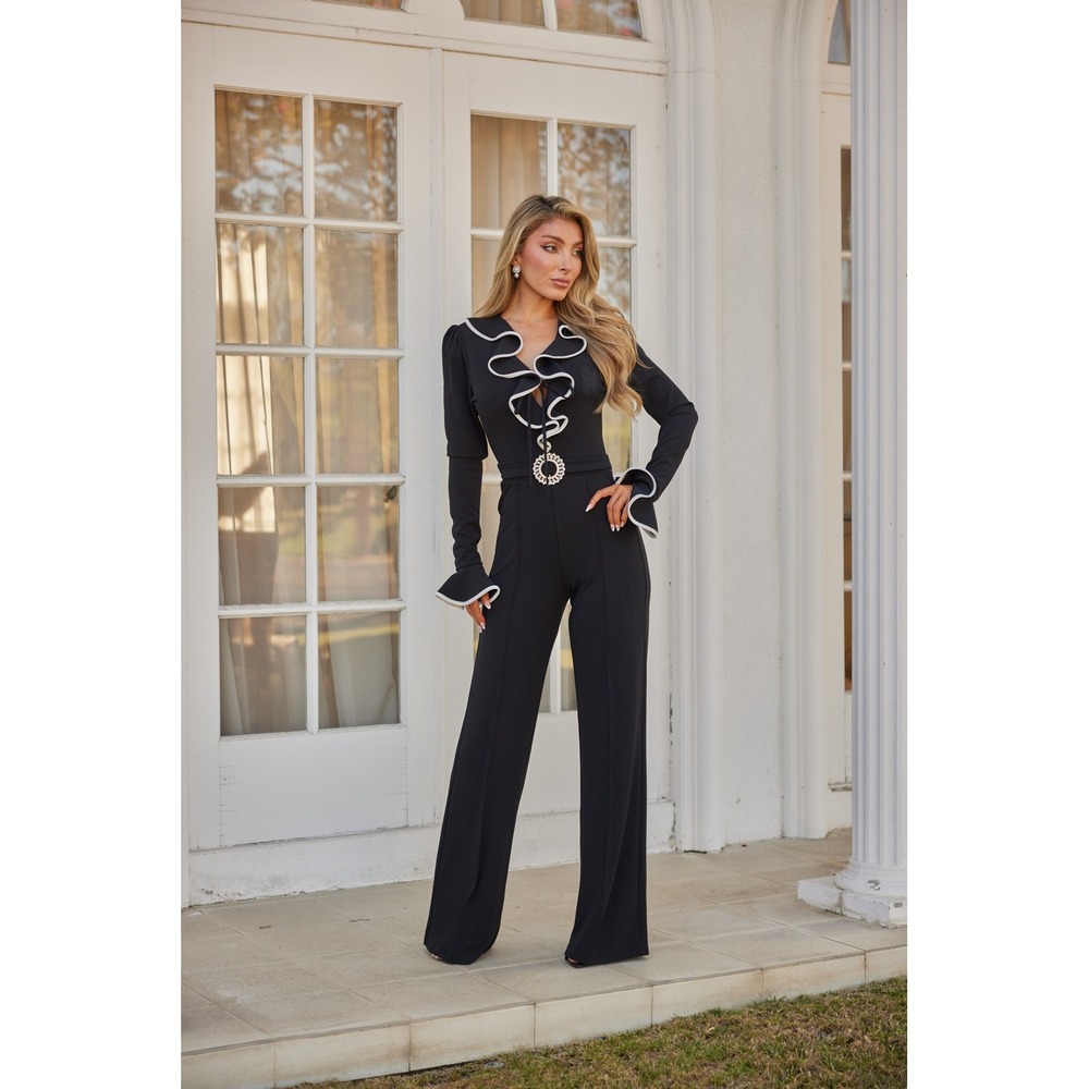 Black Ruffle V-Neck Wide Leg Jumpsuit with White Trim and Buckle Detail